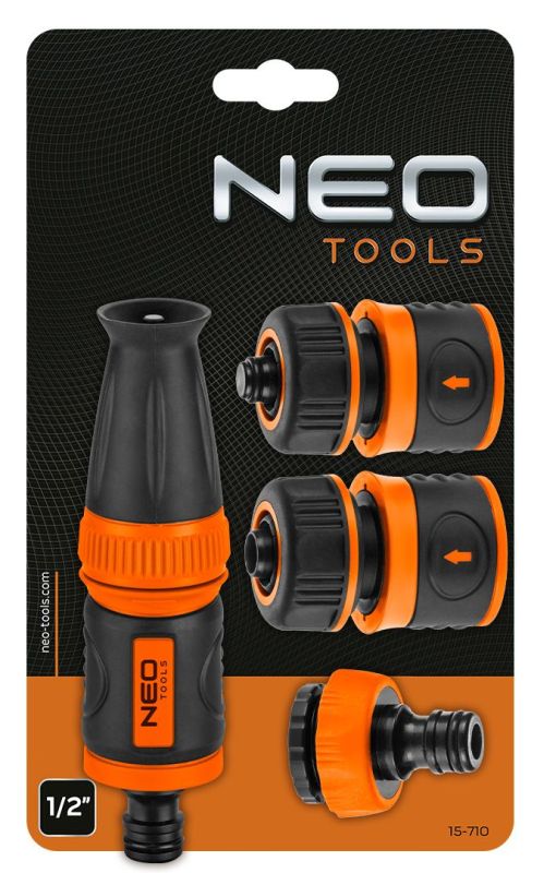 Набор для полива Neo Tools 1/2", ороситель ручной прямой, 2 коннектора для шланга, коннектор для крана 1/2"-3/4"