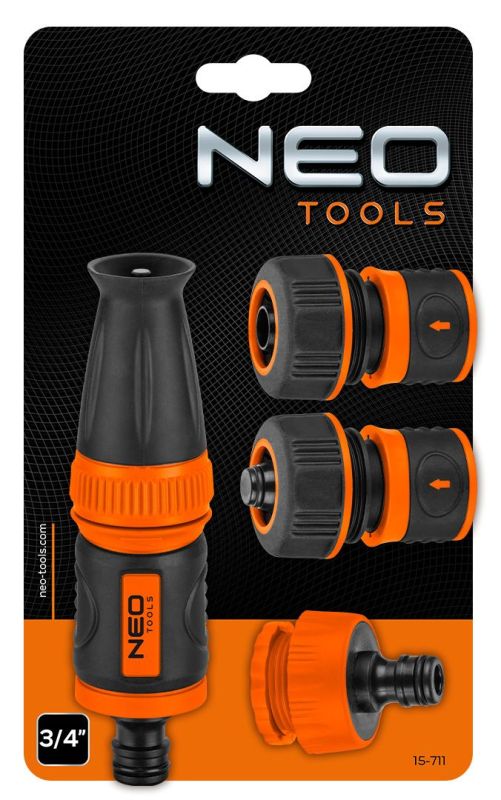Набір для поливу Neo Tools 3/4", зрошувач ручний прямий, 2 конектори для шланга, конектор для крана 3/4"-1"