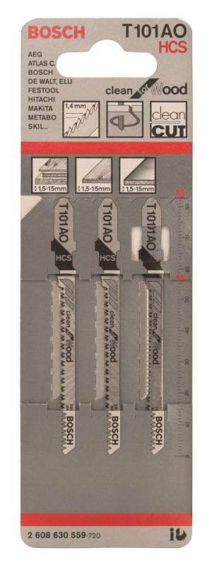 Полотно пилочное для электролобзика Bosch по дереву T 101 AO, 1.4х83мм, 3шт