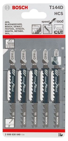Полотно пилочное для электролобзика Bosch по дереву T144D, 4-5.2х100мм, 5шт