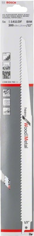 Полотно пиляльне для шабельної пилки Bosch Professional по дереву та металу, S 1411 DF, 6TPI, 5шт
