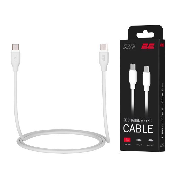 Кабель USB-C > USB-C заряджання/синхронізації 2E 1м, 60Вт Type-C, Glow, білий