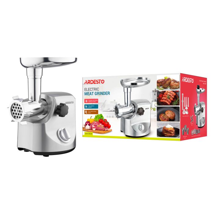 М'ясорубка Ardesto, 3000Вт, продук.-2.6кг/хв, 4 решітки + для ковб., кеббе, 3 терки, метал, сріблястий