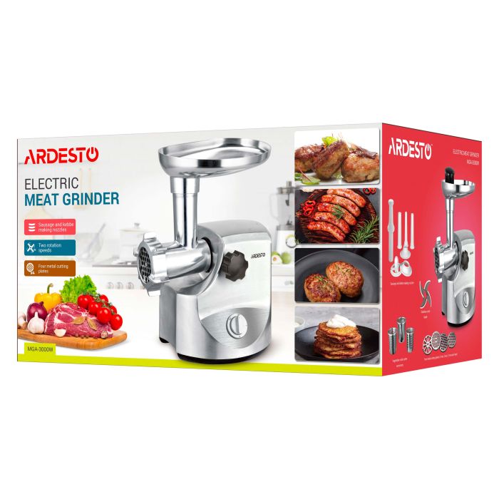 М'ясорубка Ardesto, 3000Вт, продук.-2.6кг/хв, 4 решітки + для ковб., кеббе, 3 терки, метал, сріблястий
