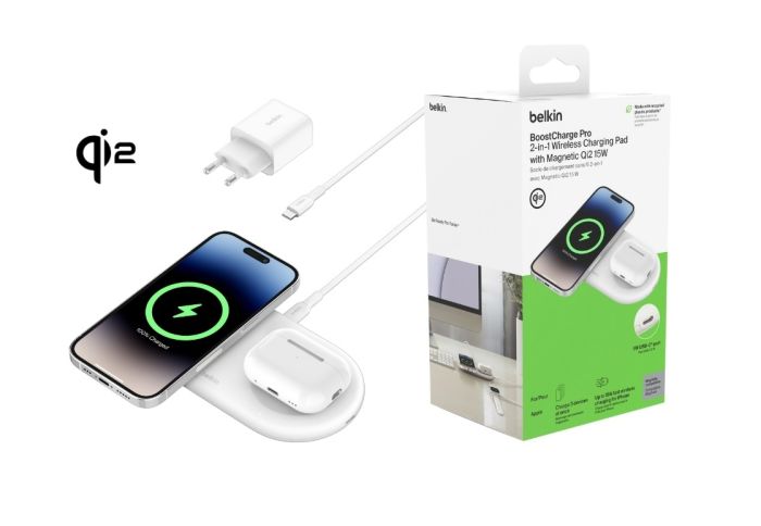 Зарядное устройство безпроводное Belkin 2в1 15Вт Pad Qi2, белый