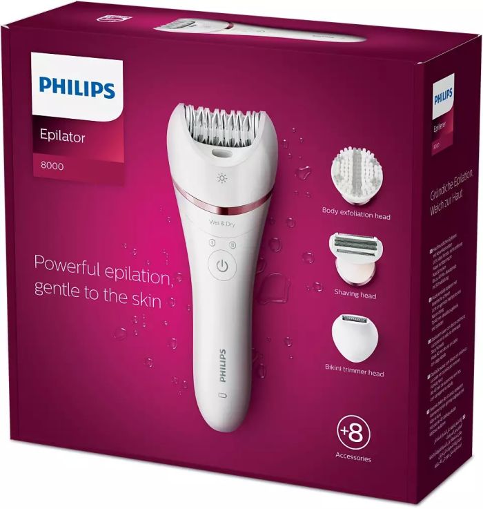 Эпилятор  Philips 8000 series дисковый, аккумул., пинцет.-32, влаж.+сух., чехол, насадок-7, белый