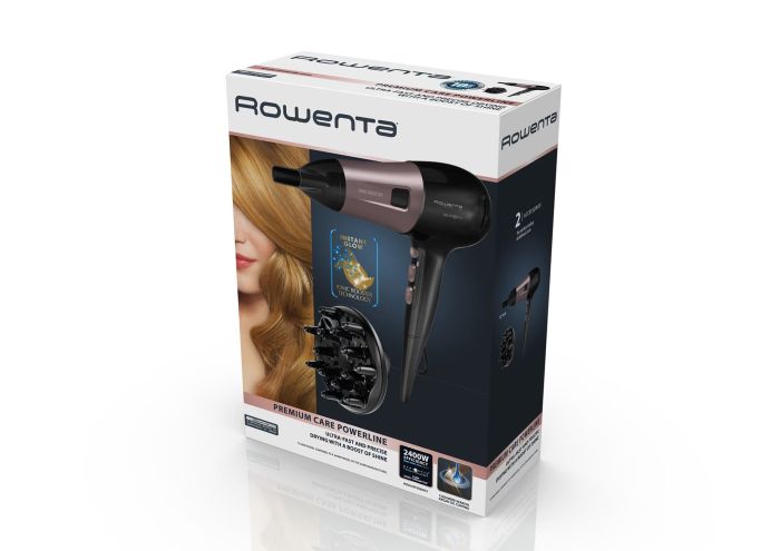 Фен Rowenta Powerline, 2400Вт, режимов-3, дифузор, иониз-я, хол. обдув, черно-розовый