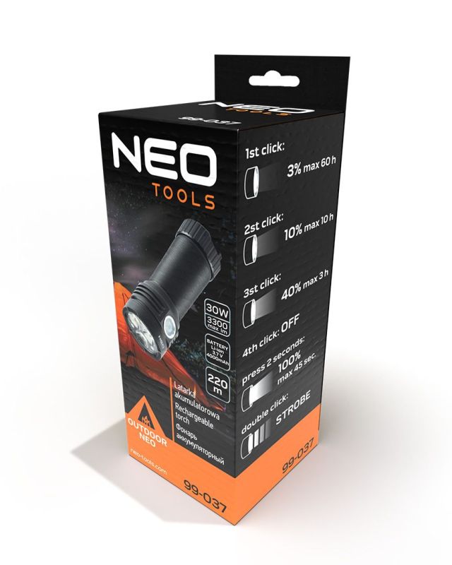 Фонарь ручной аккумуляторный Neo Tools, 4000мА•ч, 3300лм, 30Вт, 5 функций освещения, алюминиевый, IPX4