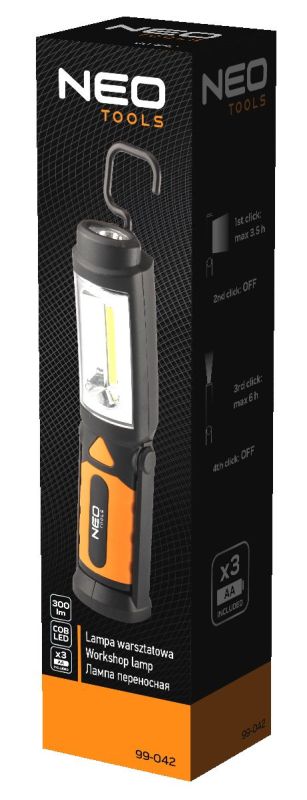 Фонарь инспекционный на батарейках Neo Tools, AAх3, 300лм, 3Вт, 2в1, крючок 360°, магнит