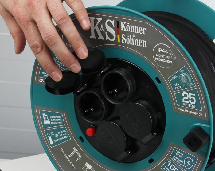 Подовжувач мережевий Konner&Sohnen  KS 2E 4хТип F, 3х2.5мм, 16A, на котушці, 25м, зелений Könner & Söhnen KSCR-25M