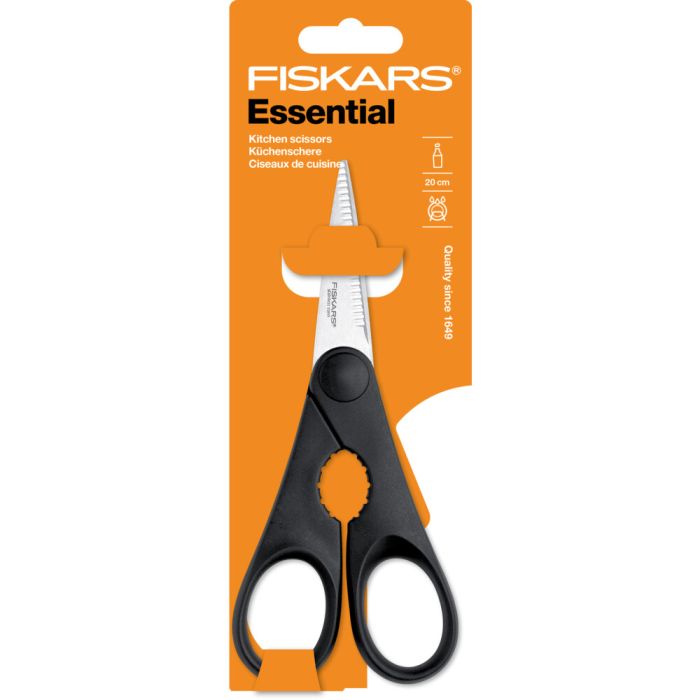 Ножницы кухонные Fiskars Essential, с открывачкой для бутылок, 20см, нержавеющая сталь, пластик, черный