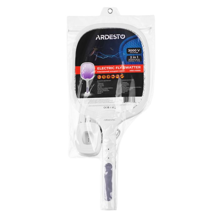 Электрический уничтожитель насекомых ARDESTO, сетка 3000 В, аккум. 1200 мА•ч, USB micro-B > USB-A, белый