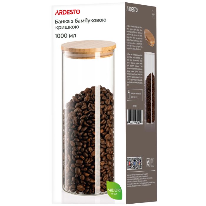 Банка для хранения Ardesto Midori, 1000мл, стекло, бамбук, круглая, прозрачный