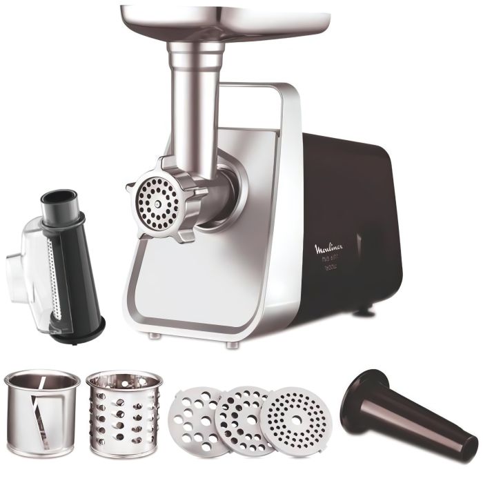 М'ясорубка Moulinex, 1600Вт, 1.9кг/хв, 3 решітки, насадка для ковбас, томатів, 3 терки, пластик/мет, чорно-срібний
