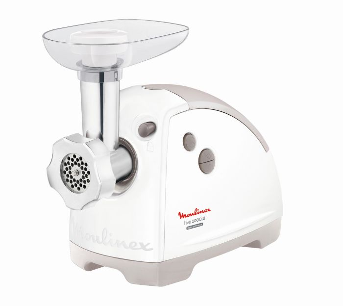Мясорубка Moulinex, 2000Вт, 2.6кг/мин, 2 решетки, насадка для колбас, кеббе, томатов, 5 терок, пластик, бело-серый