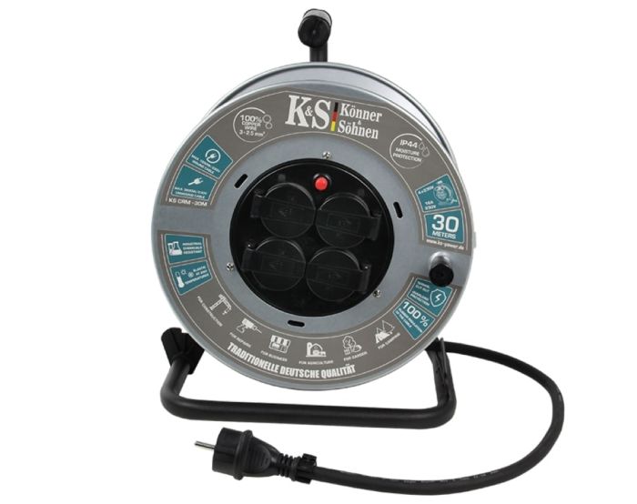 Подовжувач мережевий Konner&Sohnen KS CRM-30M, 30м, 4xТипF, 16A, на котушці, чорний