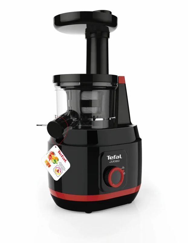 Соковитискач Tefal Juiceo шнековий 150Вт, чаша-0.8л, жмих-0.8л, насадка для цитрусових, пластик, червоно-чорний