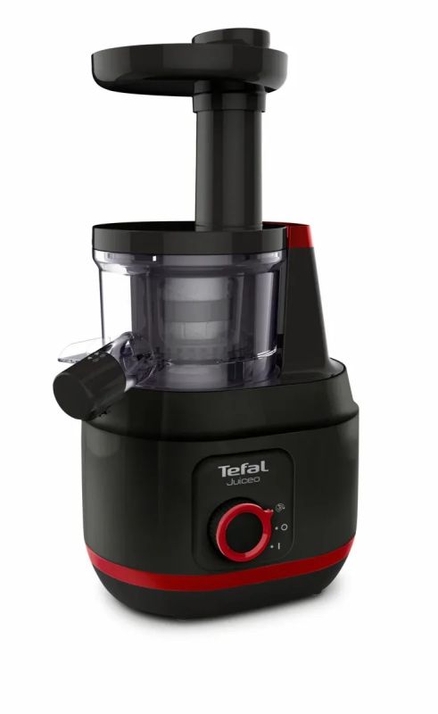 Соковитискач Tefal Juiceo шнековий 150Вт, чаша-0.8л, жмих-0.8л, насадка для цитрусових, пластик, червоно-чорний