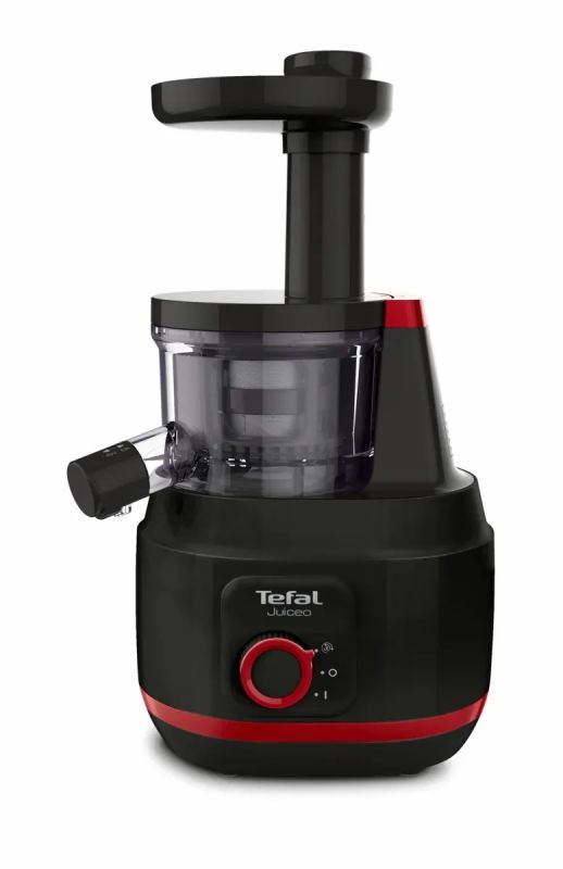 Соковитискач Tefal Juiceo шнековий 150Вт, чаша-0.8л, жмих-0.8л, насадка для цитрусових, пластик, червоно-чорний
