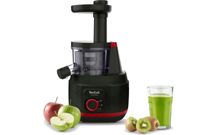 Соковитискач Tefal Juiceo шнековий 150Вт, чаша-0.8л, жмих-0.8л, насадка для цитрусових, пластик, червоно-чорний