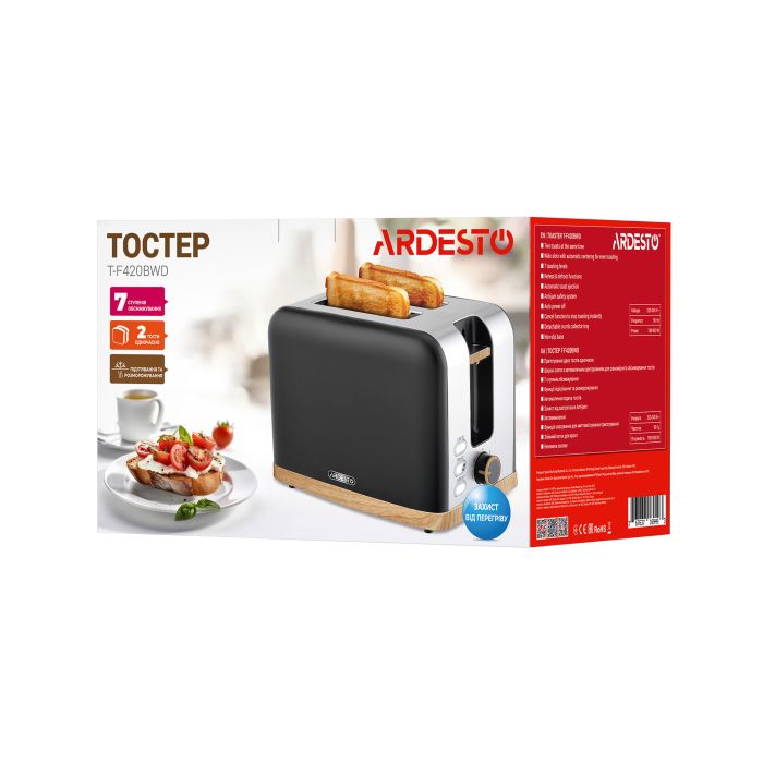 Тостер Ardesto , 800Вт, метал, 2 слоти, чорний ARDESTO T-F420BWD