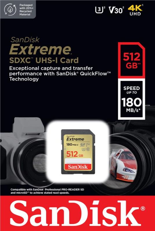 Карта памяти SanDisk SD  512GB C10 UHS-I U3 R180/W130MB/s Extreme V30