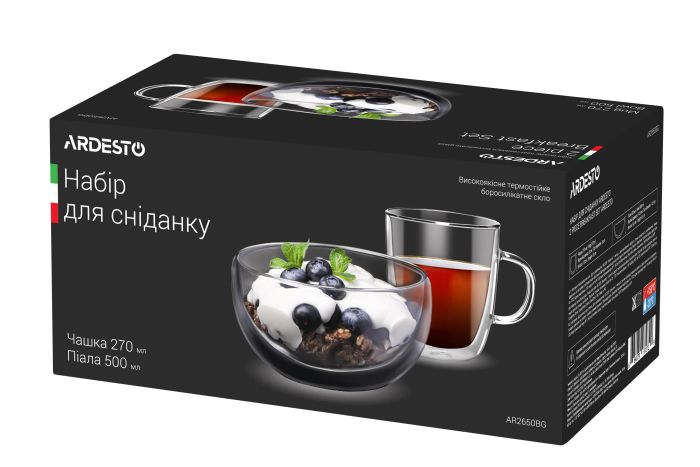 Набор для завтрака чашка и пиала с двойными стенками Ardesto, 270мл, 500мл, боросиликатное стекло, прозрачный