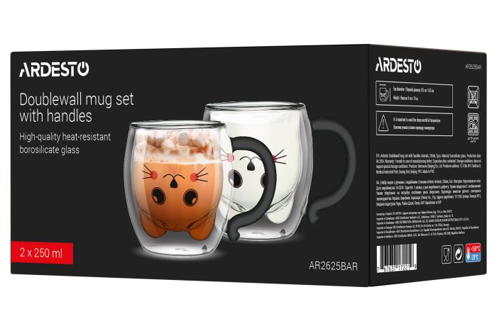 Набор чашек с ручками и двойными стенками Ardesto Animals, 250мл, 2шт, боросиликатное стекло, прозрачный