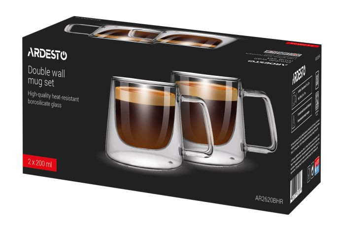 Набор чашек с ручками и двойными стенками Ardesto, 200мл, 2шт, боросиликатное стекло, прозрачный