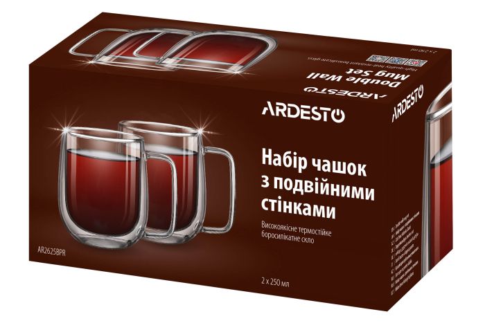 Набор чашек с ручками и двойными стенками Ardesto, 250мл, 2шт, боросиликатное стекло, прозрачный