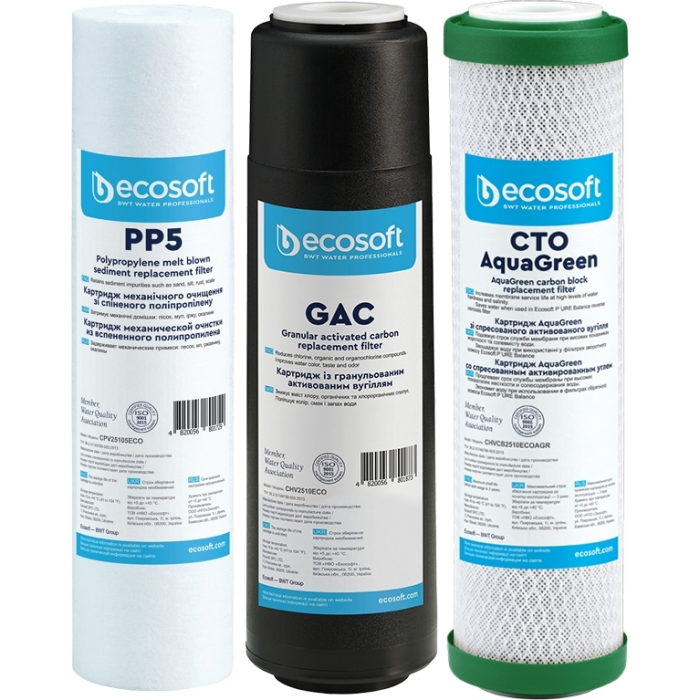 Комплект картриджів Ecosoft 1-2-3 для осмосу Absolute (поліпропілен+GAC+AquaGreen)