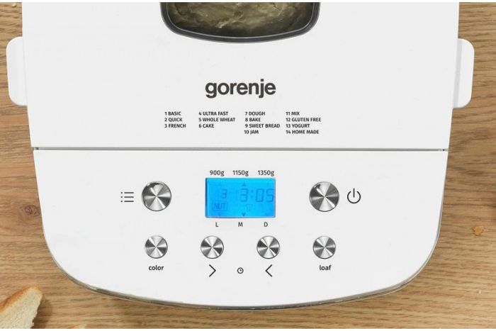 Хлебопечка Gorenje 750Вт, программ-14, макс.вес -1.350кг, форма прямоугольник, пластик, белый