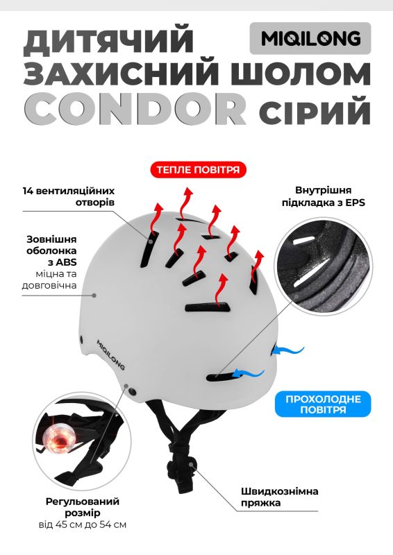 Детский защитній шлемMiqilong Condor сірий