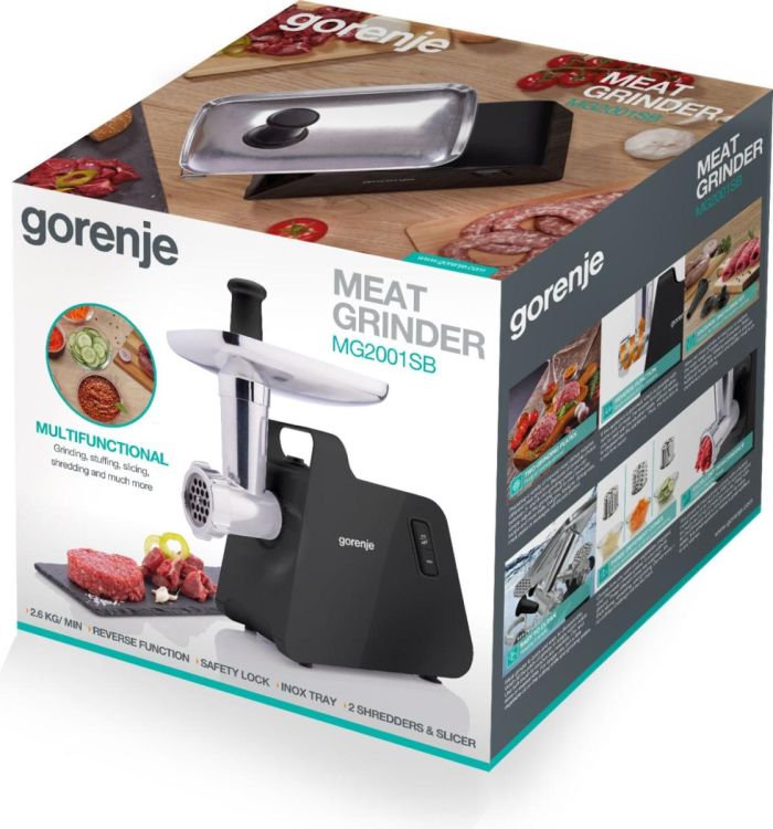 Мясорубка Gorenje, 2000Вт, 2.6кг/мин, 2 решетки, пластик/металл, черный