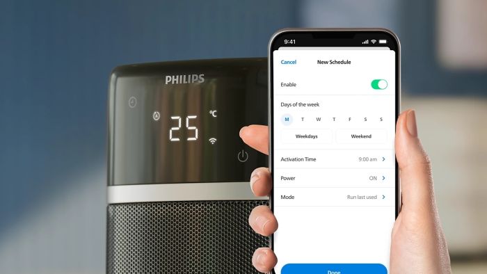 Тепловентилятор Philips колонного типа 5000 Series, 20м2, 2000Вт, электр. упр-ние, 58 х 19.6 х 21.2см, керамический , дисплей, Wi-Fi, чёрный
