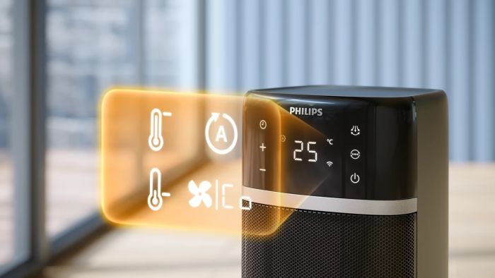 Тепловентилятор Philips колонного типа 5000 Series, 20м2, 2000Вт, электр. упр-ние, 58 х 19.6 х 21.2см, керамический , дисплей, Wi-Fi, чёрный