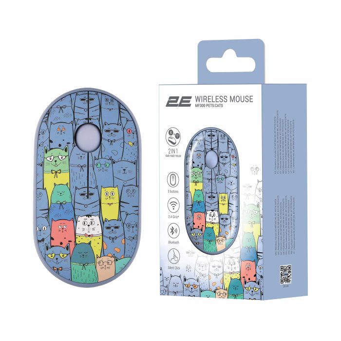Мышь 2E MF300 PETS:CATS Silent WL BT, синий
