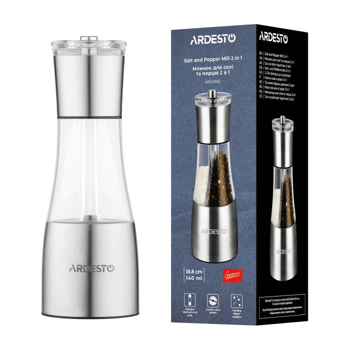 Мельница для соли и перца 2 в 1 Ardesto Gemini, 140мл, акрил, нержавеющая сталь, прозрачный