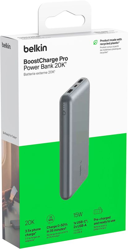 Портативное зарядное устройство Power Bank Belkin 10000мАч, 15Вт, 2хUSB-A/USB-C, серый