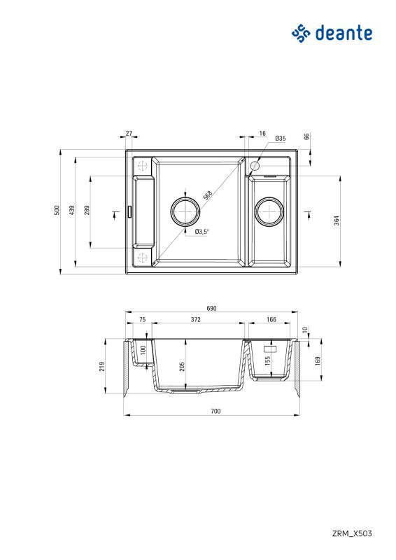 Мийка кухонна Deante Magnetic, граніт, прямокутник, без крила, 690х500х219мм, чаша - 1.5, накладна, черний