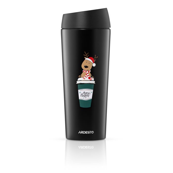 Термокухоль Ardesto Coffee Time Christmas Reindeer 450мл, нержавіюча сталь, чорний