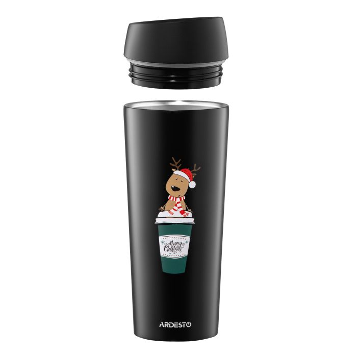 Термокухоль Ardesto Coffee Time Christmas Reindeer 450мл, нержавіюча сталь, чорний