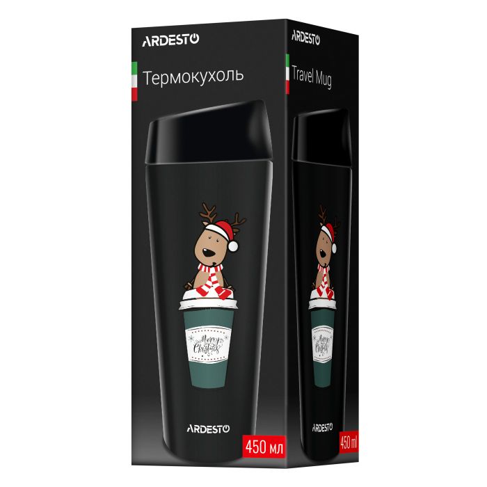 Термокухоль Ardesto Coffee Time Christmas Reindeer 450мл, нержавіюча сталь, чорний