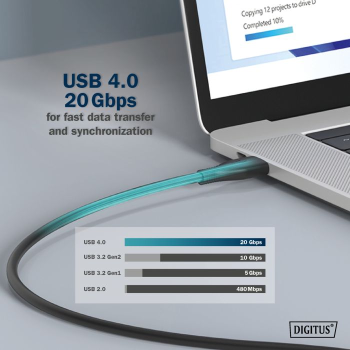 Кабель DIGITUS USB-C зарядки/синхронизации, USB 4.0 Gen 2, 20G, 240W, 8K, силиконовый, 2м, черный