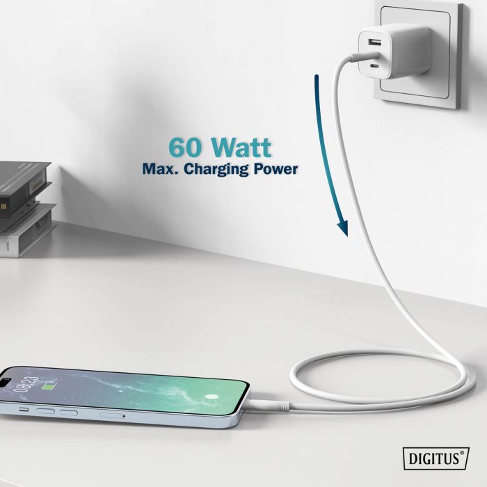 Кабель DIGITUS USB-C > USB-C заряджання/синхронізації, USB 2.0, 60W, силіконовий, 2м, білий