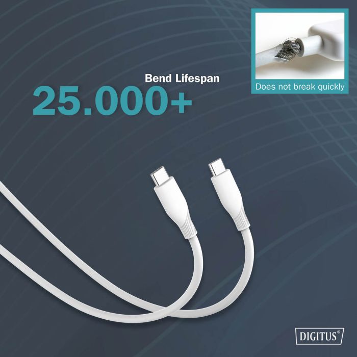 Кабель DIGITUS USB-C > USB-C заряджання/синхронізації, USB 2.0, 60W, силіконовий, 2м, білий