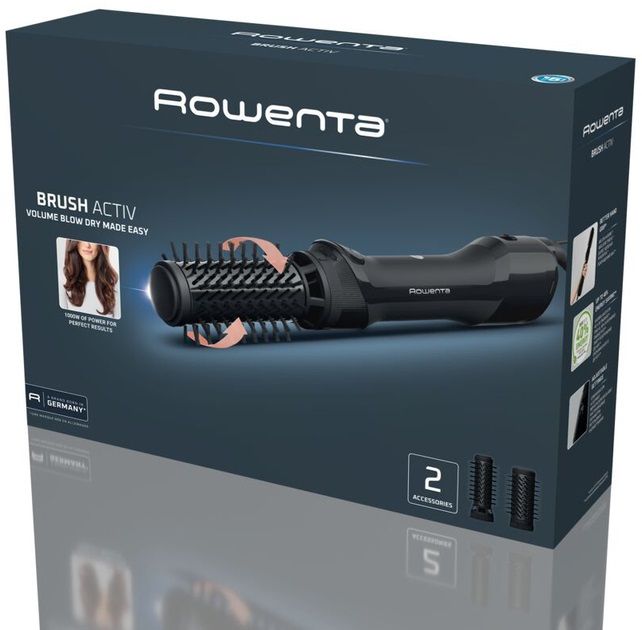 Фен-щетка Rowenta Renewal Brush Active, 1000Вт, режимов-3, иониз-я, хол. обдув, вращ. насадка, 2 насадки, керамика, черный