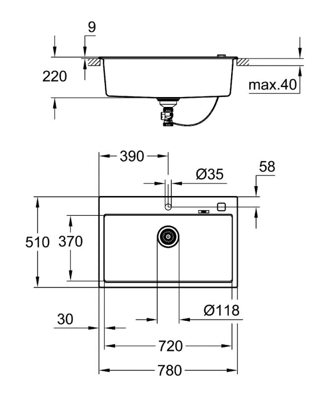 Мийка кухонна Grohe K700, граніт, прямокут., без крила, 780x510x220мм, чаша - 1, врізна, чорний граніт