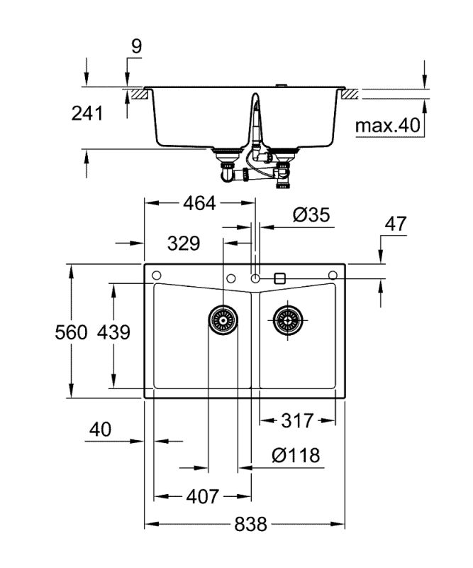 Мийка кухонна Grohe K700, граніт, прямокут., без крила, 838x560x241мм,  чаша - 2, врізна/під стільницю, чорний граніт