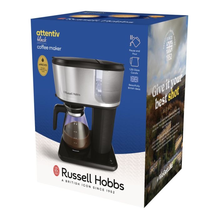 Кофеварка Russell Hobbs  капельная  Attentiv, 1.25л, молотый, черно-серебристый
